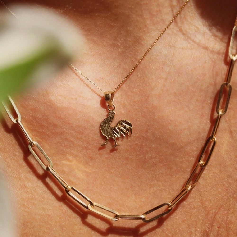 Rooster 14k solid gold pendant